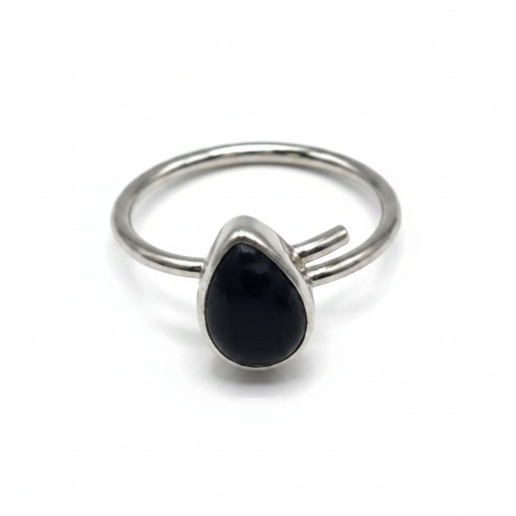Black Onyx Teardrop Natural Stone 925 Sterling Silver Adjustable Ring by Hebron J.