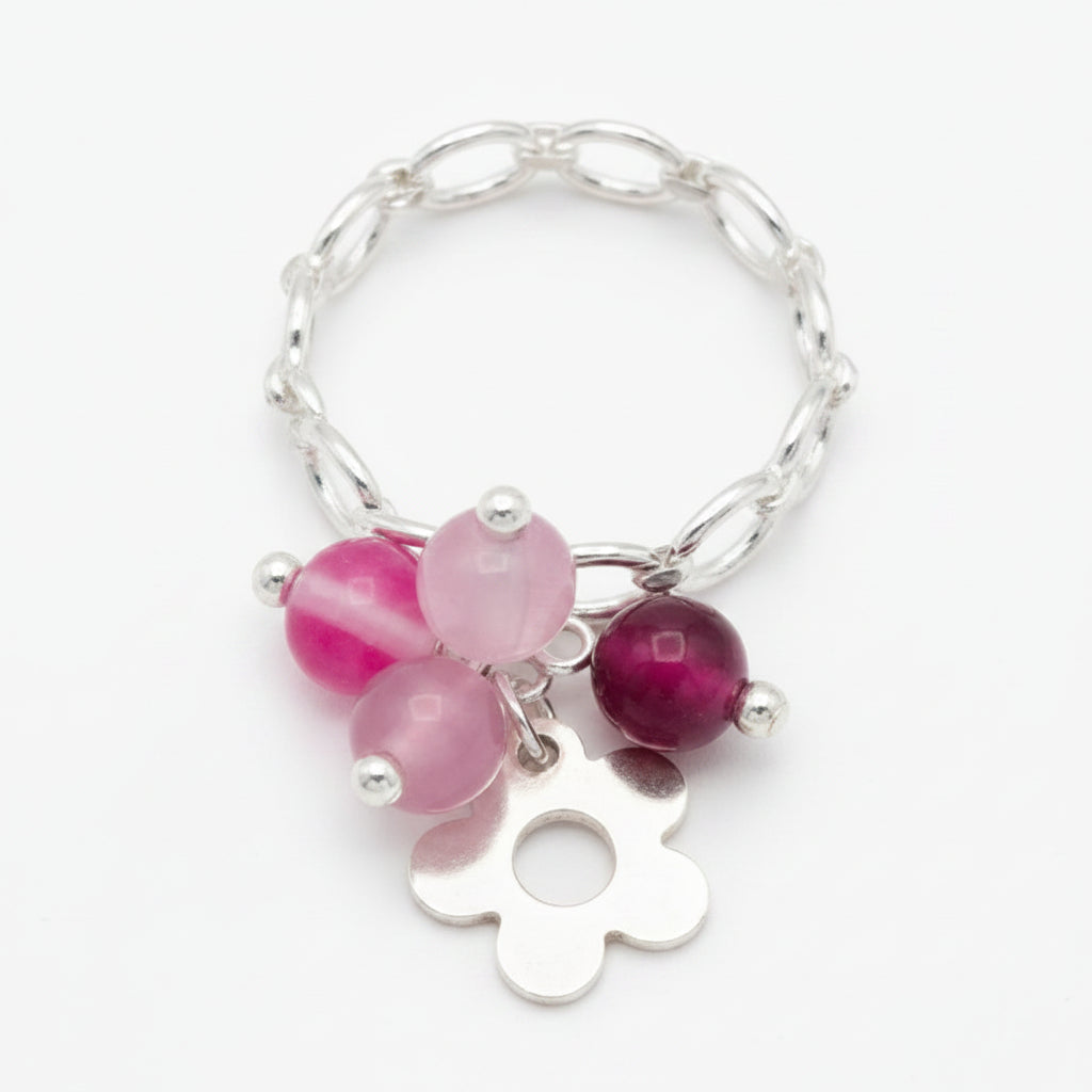 Pink Natural Stone 925 Sterling Silver Flower Ring by Hebron J.