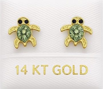 14K Gold Green Turtle Earring by Hebron J.