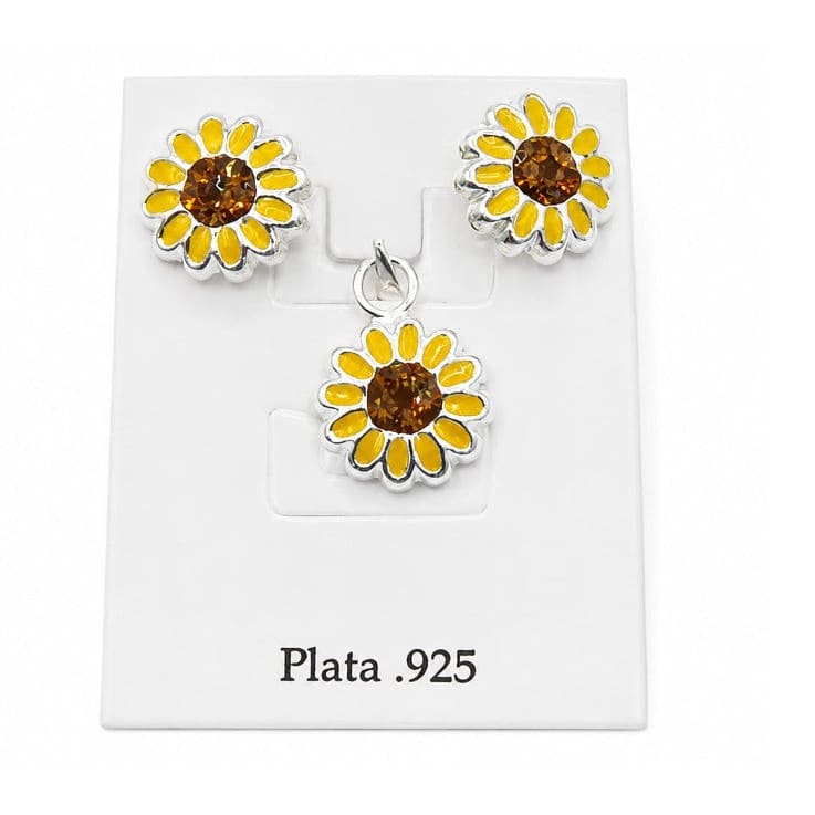 Sterling Silver 925 Sunflower Set, Earrings and Pendant by Hebron J.